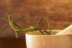 White porcelain mortar with rosemary sprig and peppercorns on wooden surface.