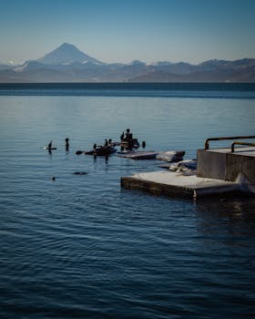 在俄罗斯堪察加边区，有一片宁静的海域，远处是白雪皑皑的火山，近处有一座码头