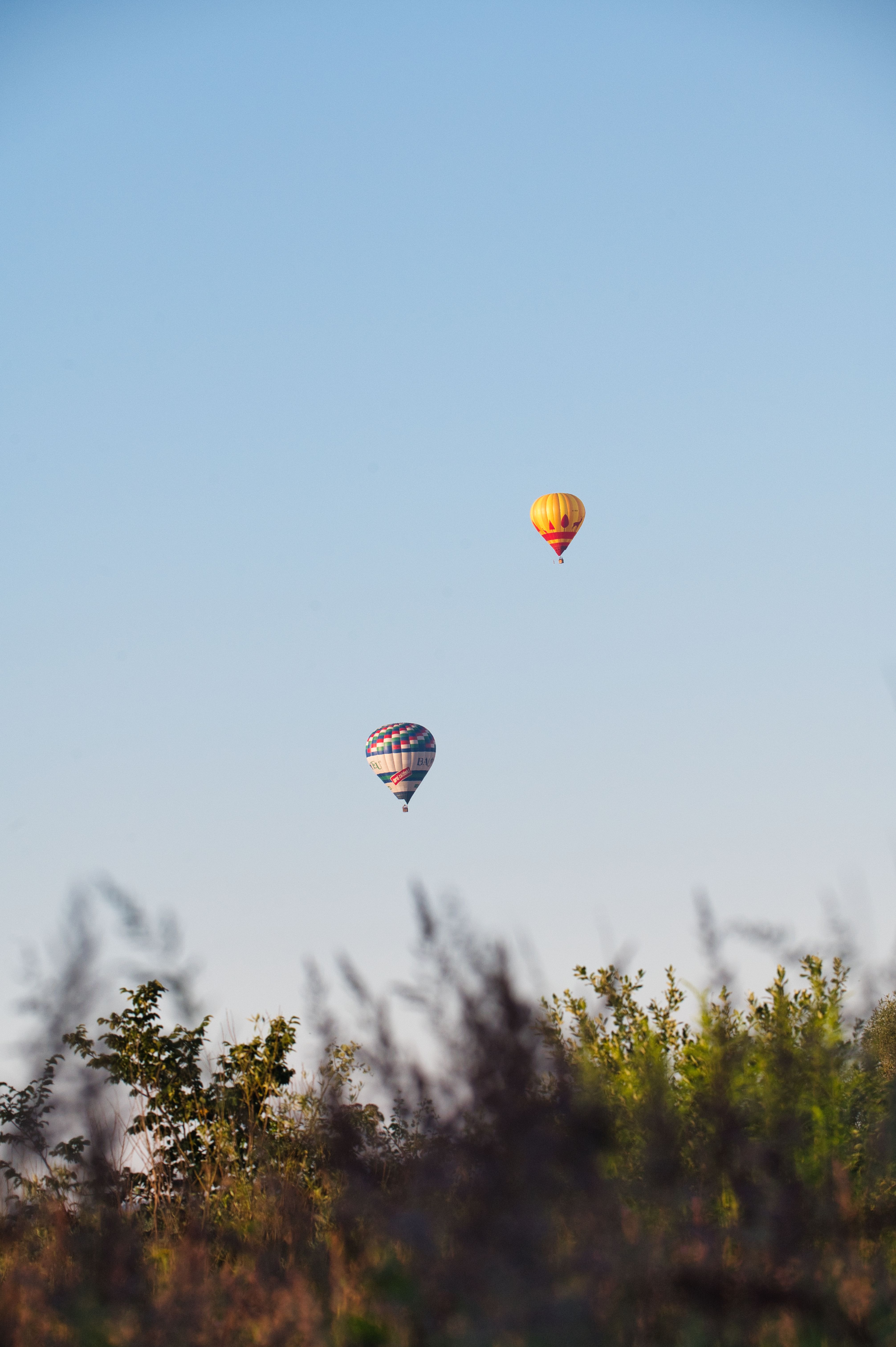 Two vibrant hot air balloons soaring above Poprad, Slovakia's summer fields.