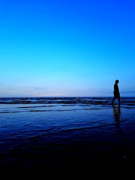 Peaceful silhouette of person walking beside ocean during twilight.