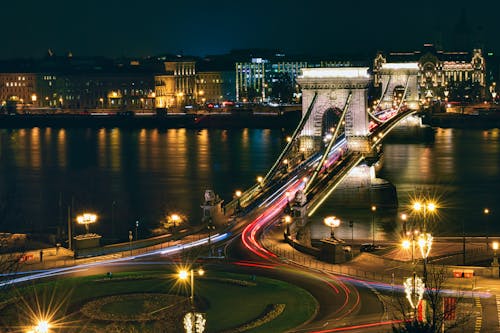 Free Aerial Photography of Lighted Chain Bridge Stock Photo