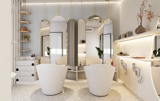 Elegant beauty salon interior with minimalist design and calming ambiance for relaxation and pampering.