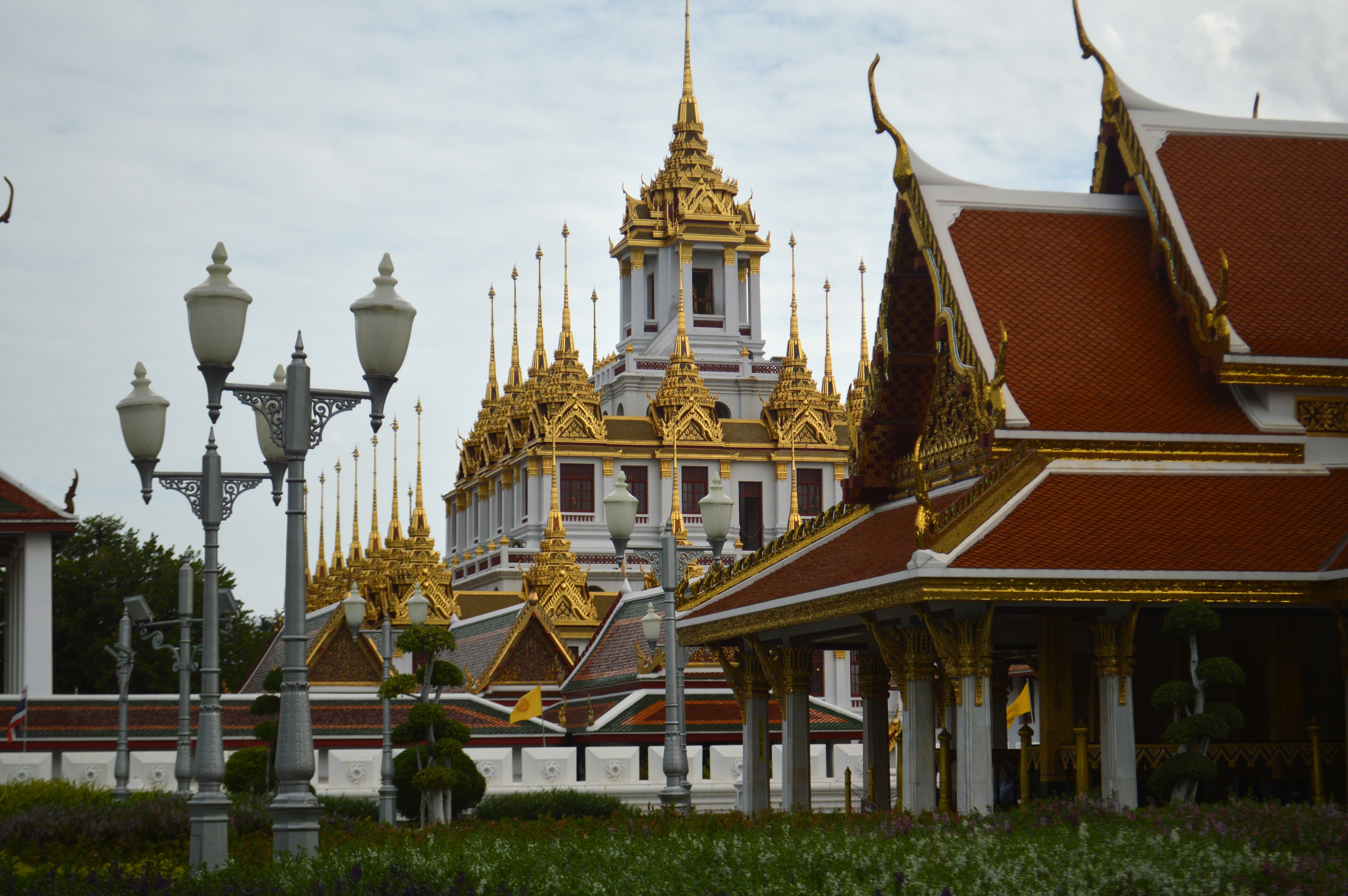 Wat Ratchanatdaram temple with golden spires in Bangkok