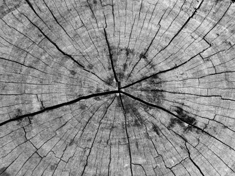 Detailed black and white close-up of tree rings showing natural patterns and texture.