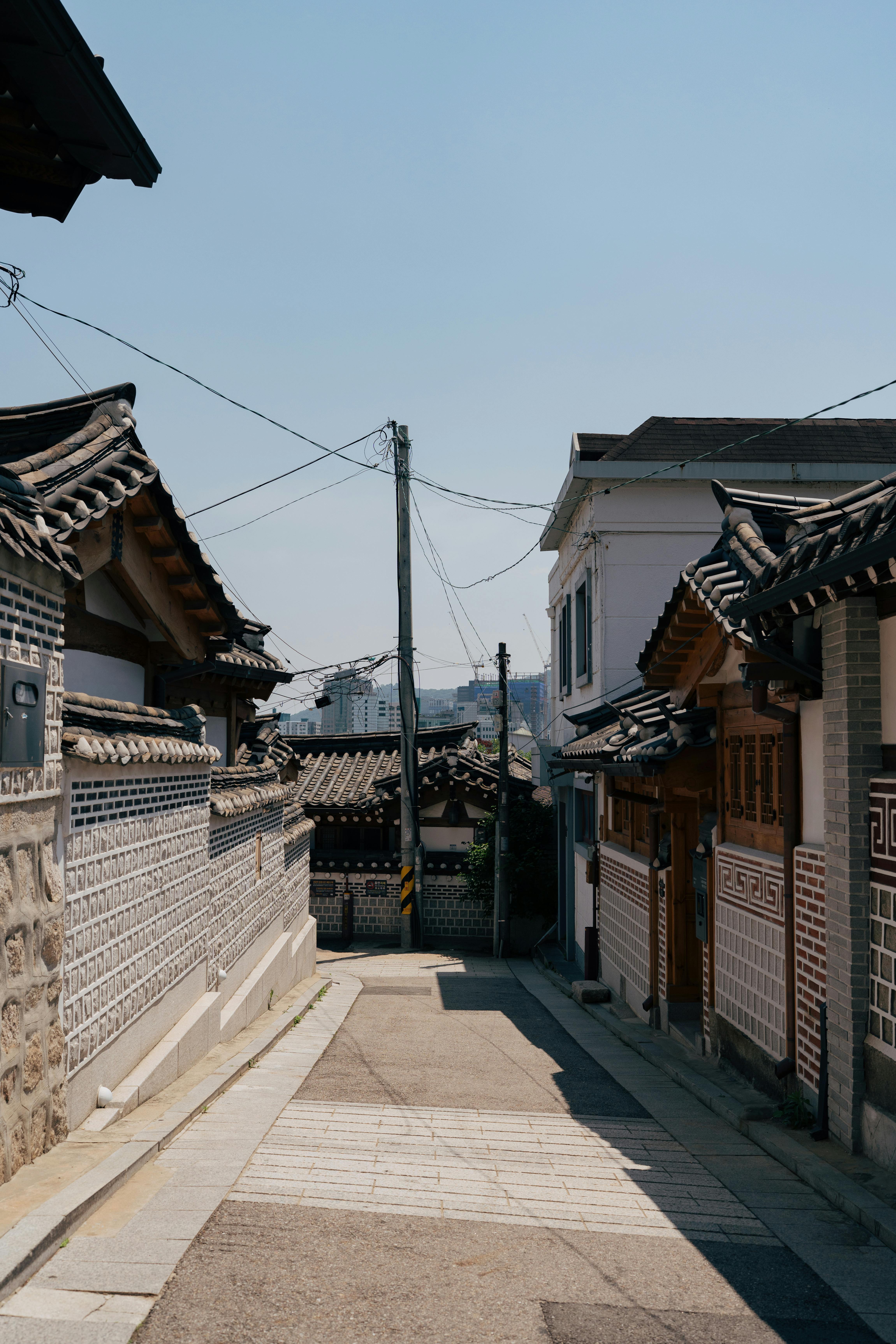 Traditional Korean hanok village street in Seoul with historical architecture