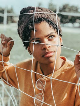 一个戴着针织帽、穿着休闲装的女人在户外透过网子，看起来若有所思
