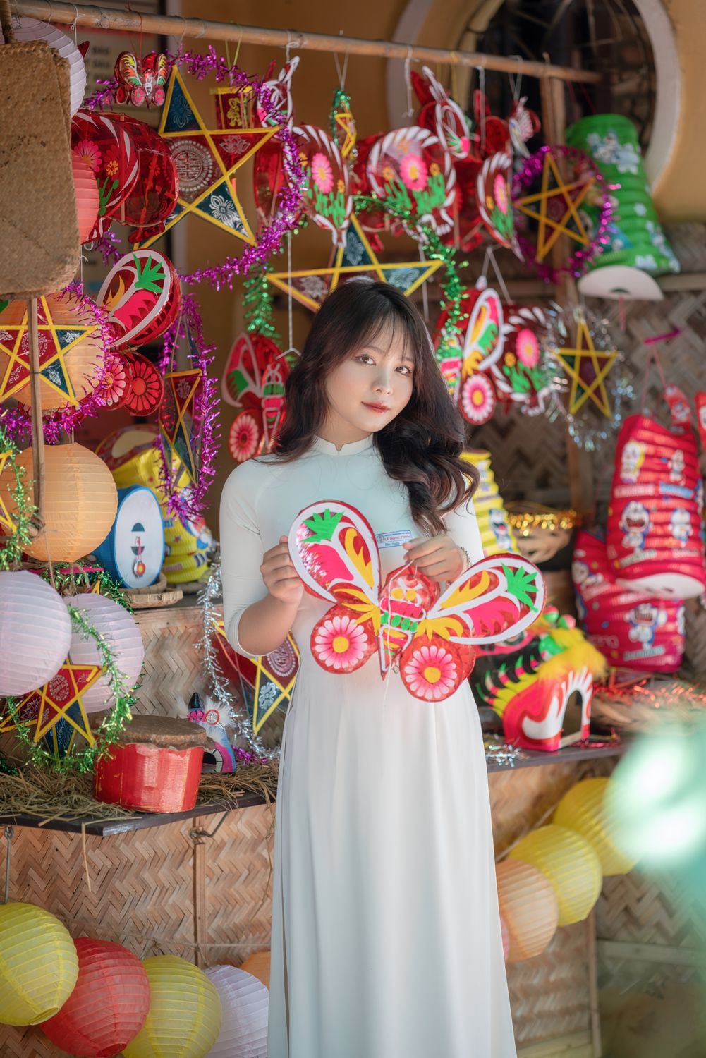 Woman in Traditional Dress with Lanterns · Free Stock Photo