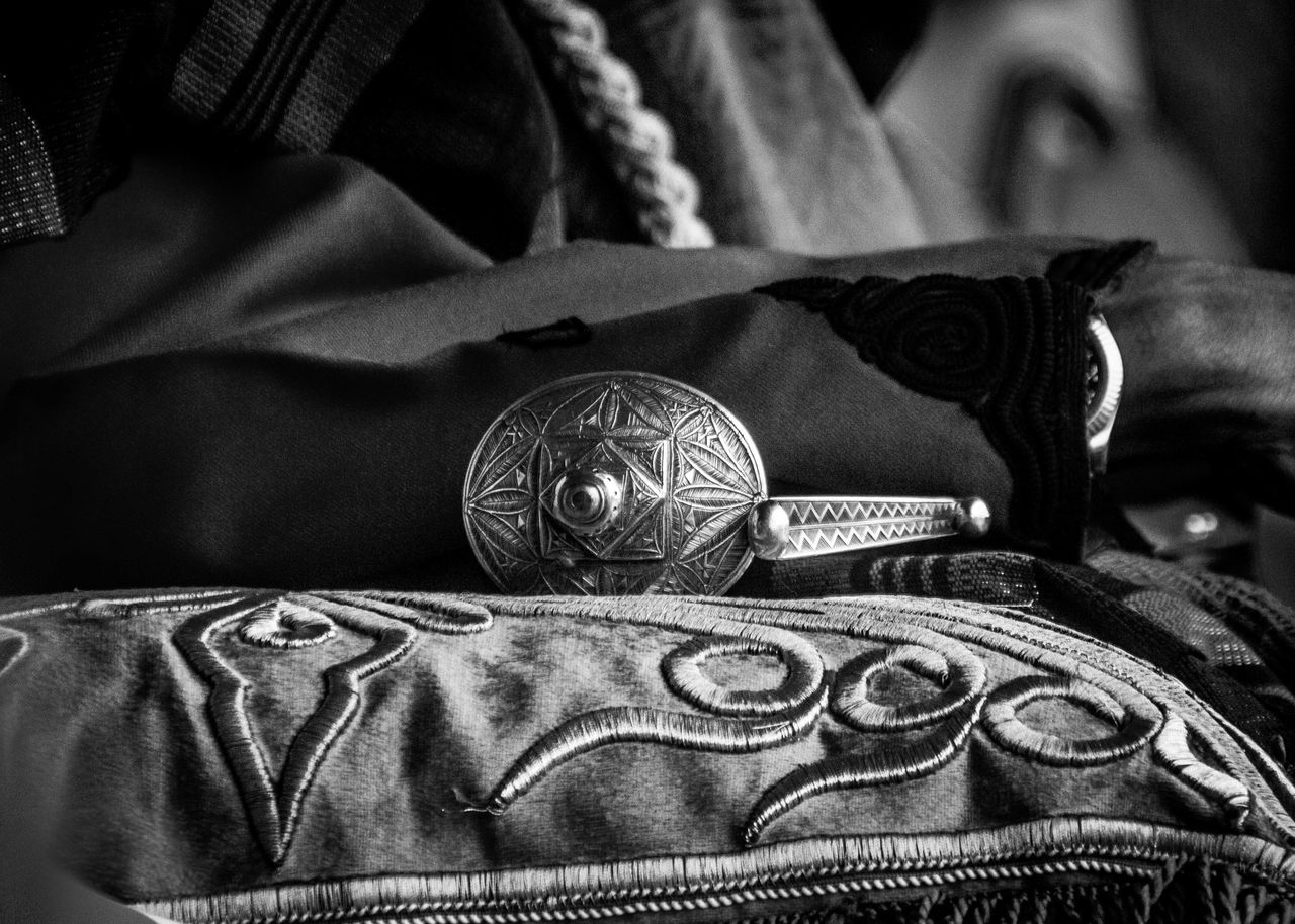 detailed black and white image showcasing intricate embroidery and met