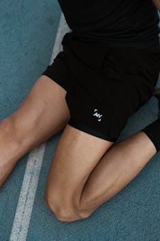 Close-up of a male athlete stretching on a blue running track.