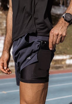 Athletic man with smartphone in pocket wearing sportswear on a sunny day