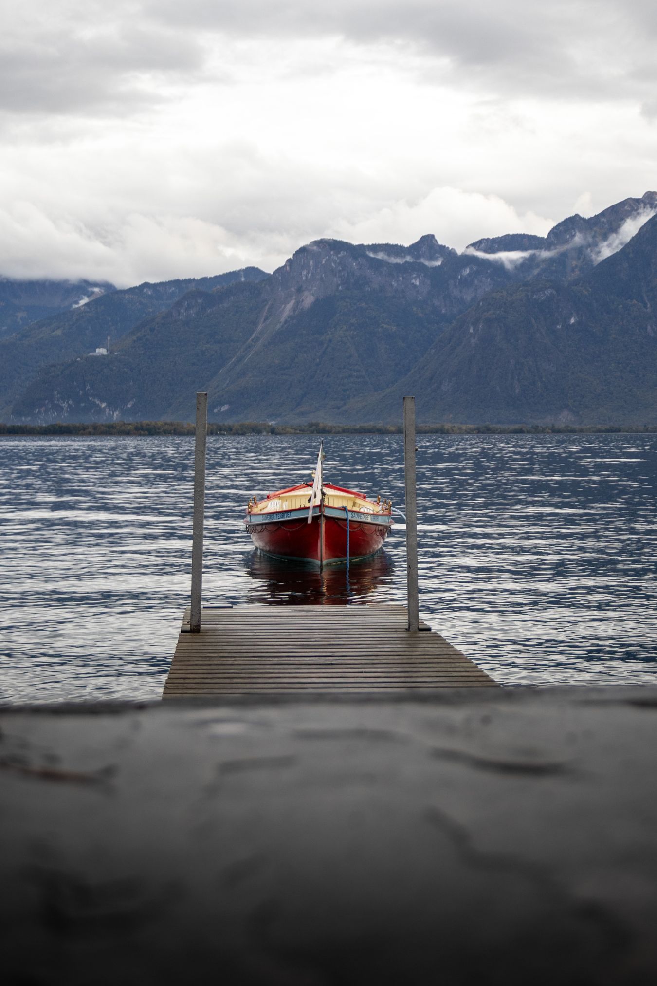 Bateau sur le lac Léman et panorama suisse