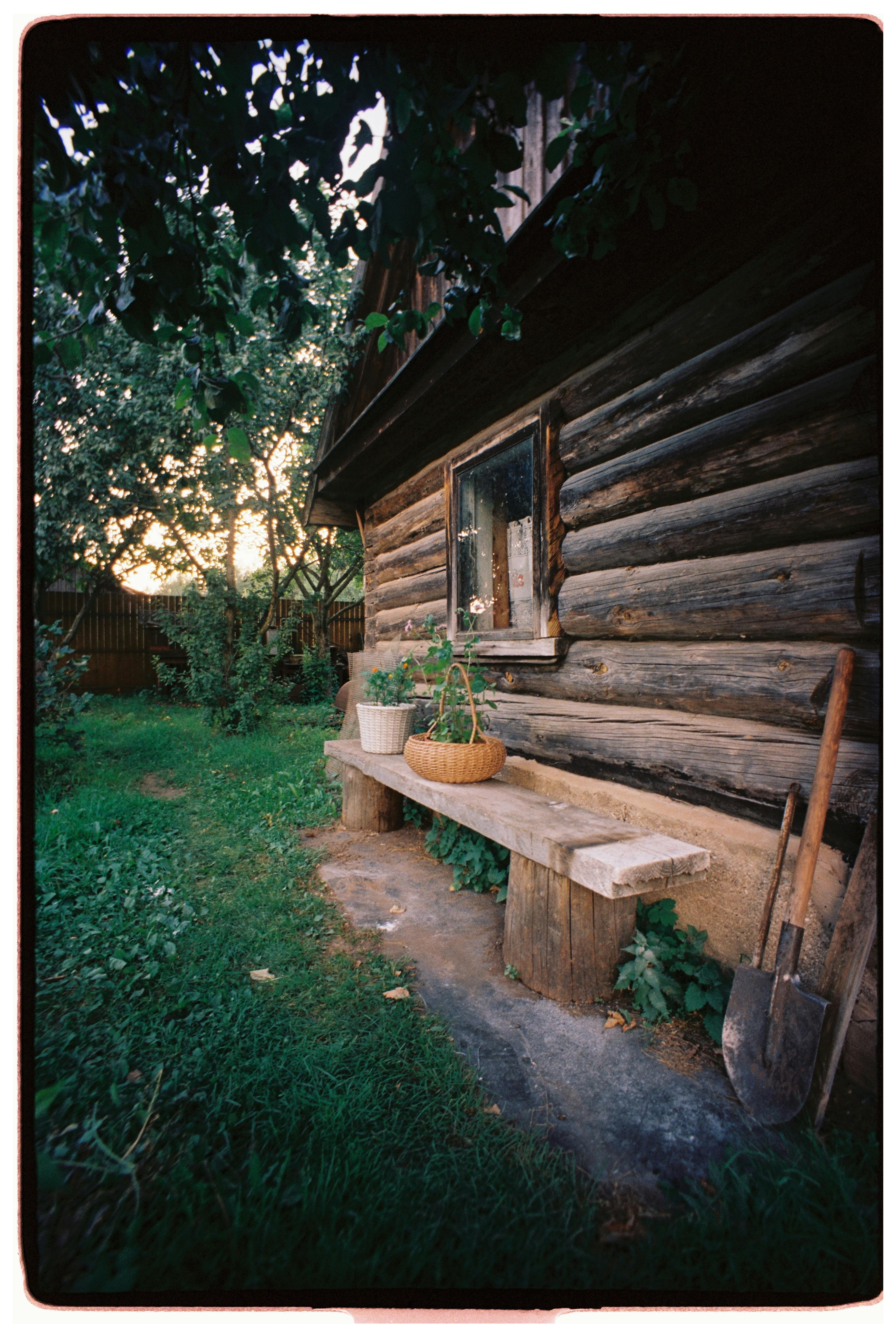 Charming log cabin exterior with garden tools and foliage at sunset, evoking a peaceful rural atmosphere.