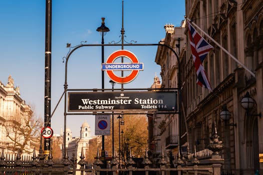 Iconic Westminster Station sign with classic London architecture and clear blue sky.