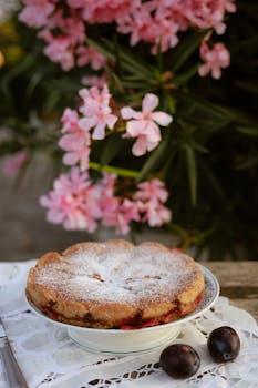 Homemade plum cake dusted with powdered sugar amidst pink flowers.