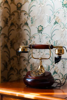 Elegant vintage rotary telephone on wooden table with floral wallpaper backdrop.