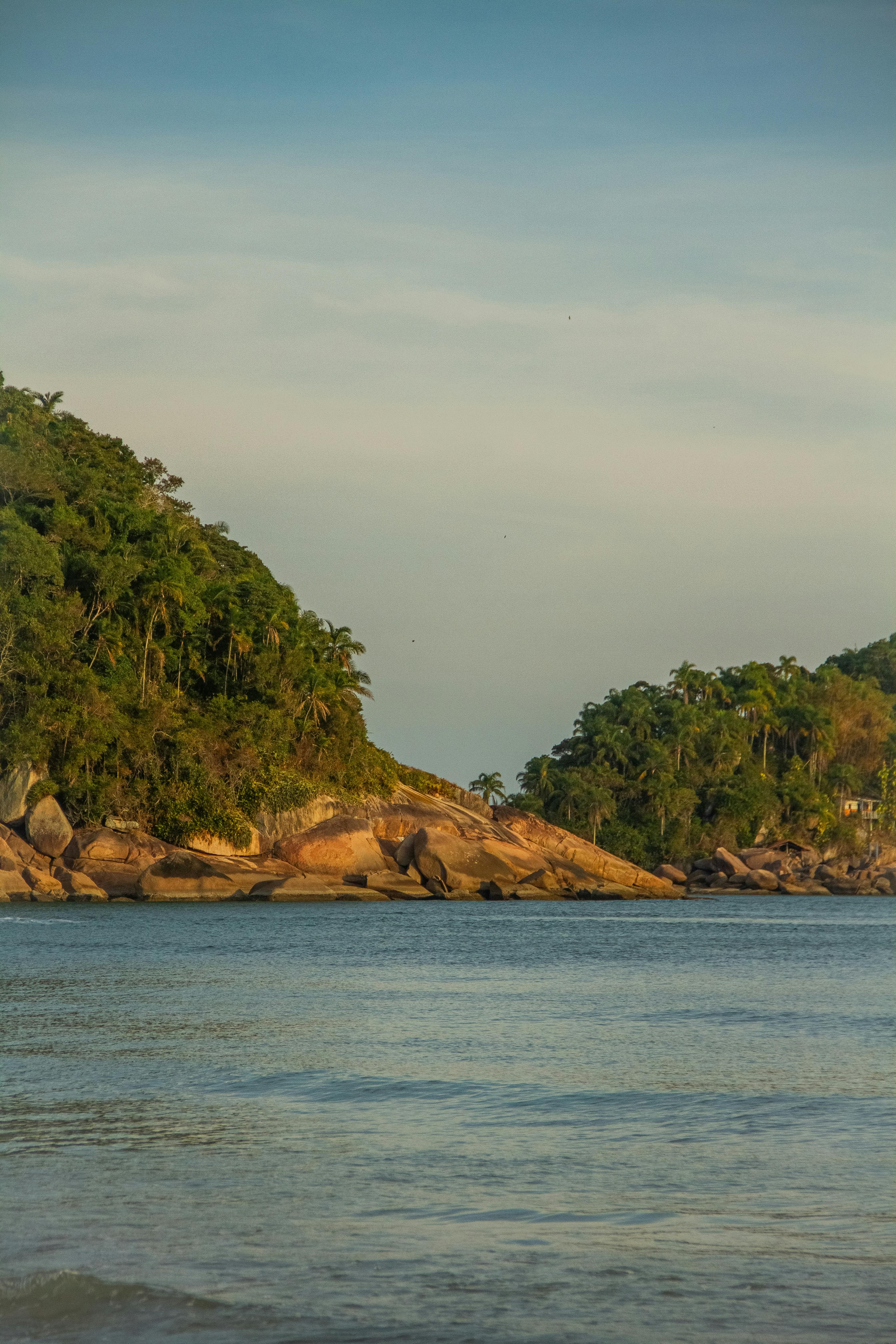 Tranquil view of a lush coastal landscape under a warm sunset with calm waters.