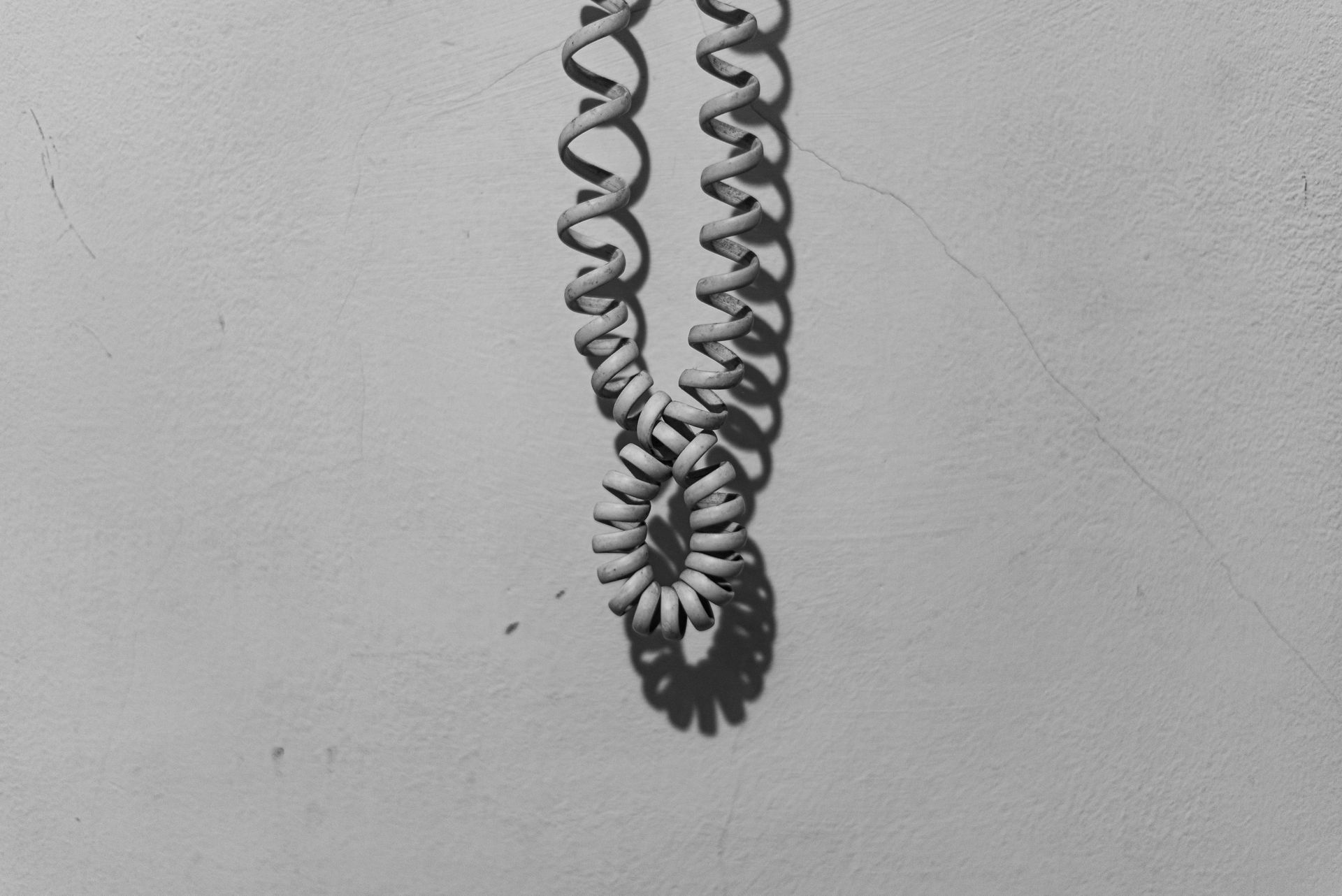 Minimalist art photo of a coiled cord casting a shadow on a textured wall.