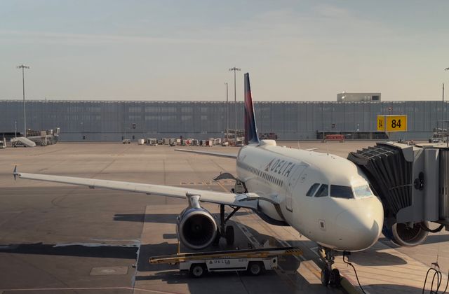 A Delta airplane docked at Montreal's airport gate 84 during daylight. — arriving in Montréal
