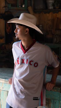 Young man in cowboy hat and Mexico jersey in León, Mexico.