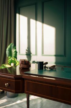 A stylish Art Deco desk in a sunlit room with green walls, perfect for creative inspiration.
