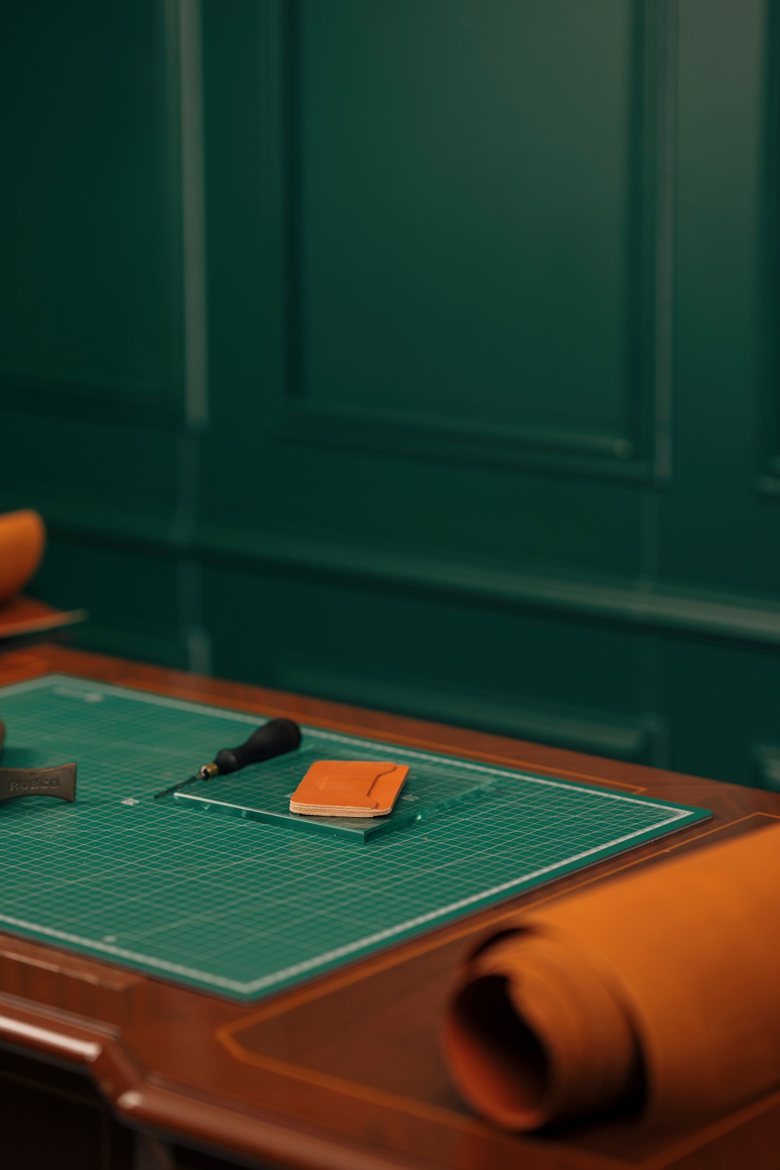 Leatherworking bench with tools