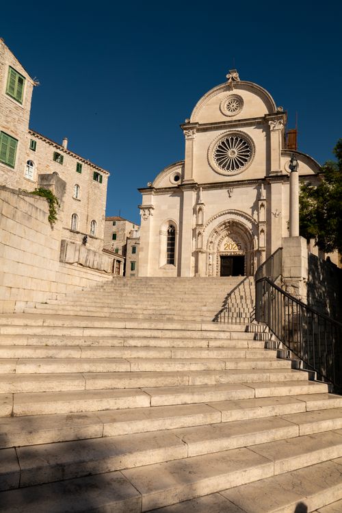 Free Stunning view of St. James Cathedral in Šibenik, captured under clear skies with stone steps leading up. Stock Photo