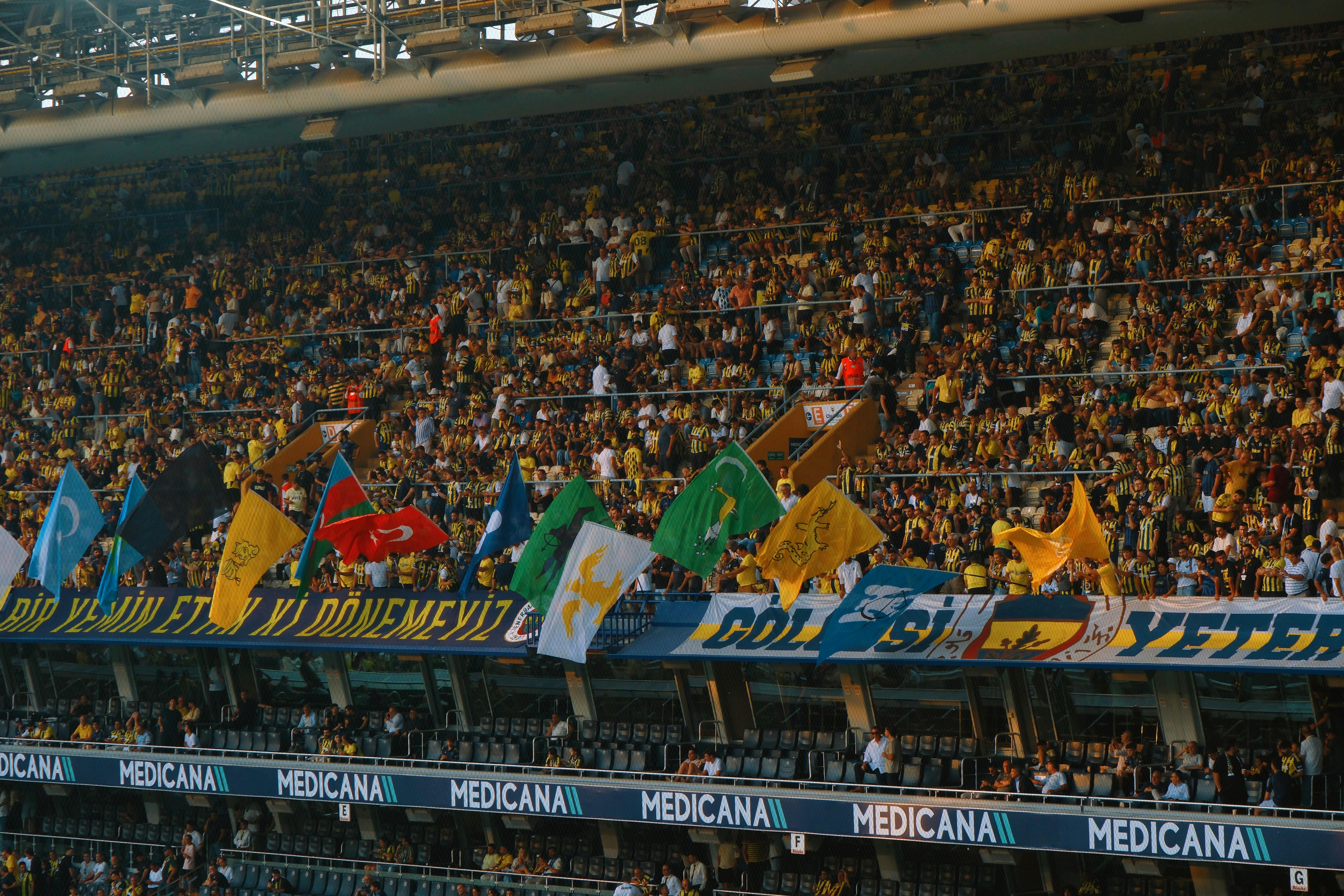 Crowd of enthusiastic soccer fans with vibrant flags in a stadium.