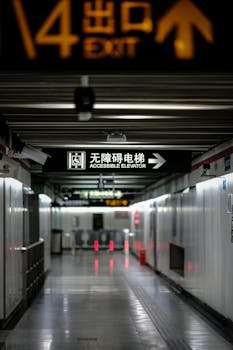 View of a subway tunnel in Shanghai featuring an accessible elevator sign with text in Chinese and English.