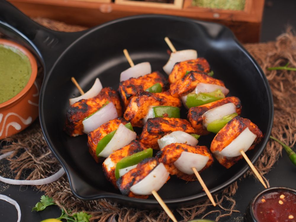 Grilled paneer tikka skewers with peppers