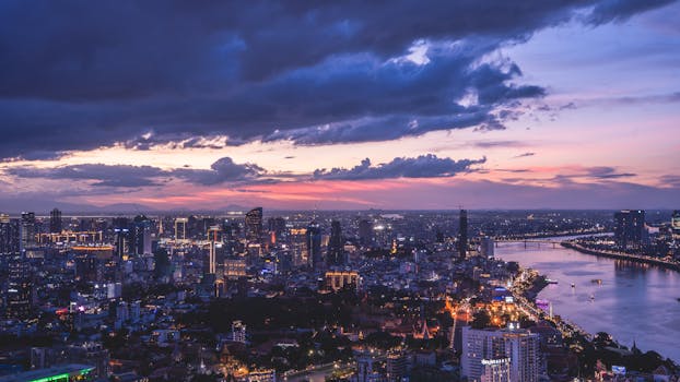 Stunning twilight view of a vibrant city skyline with a river, showcasing a dramatic sunset sky.