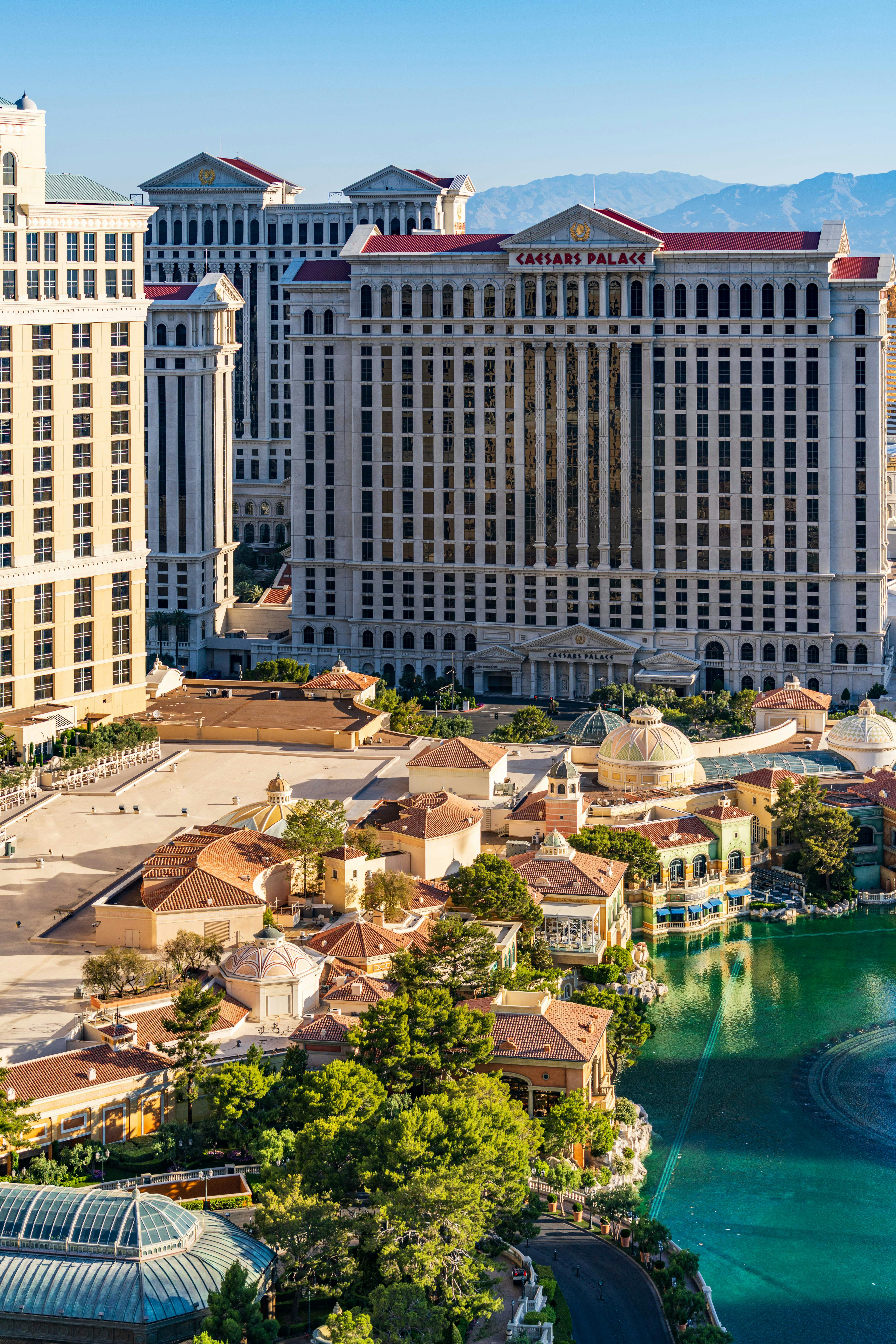 Aerial view of the iconic Caesars Palace hotel and casino in Las Vegas.