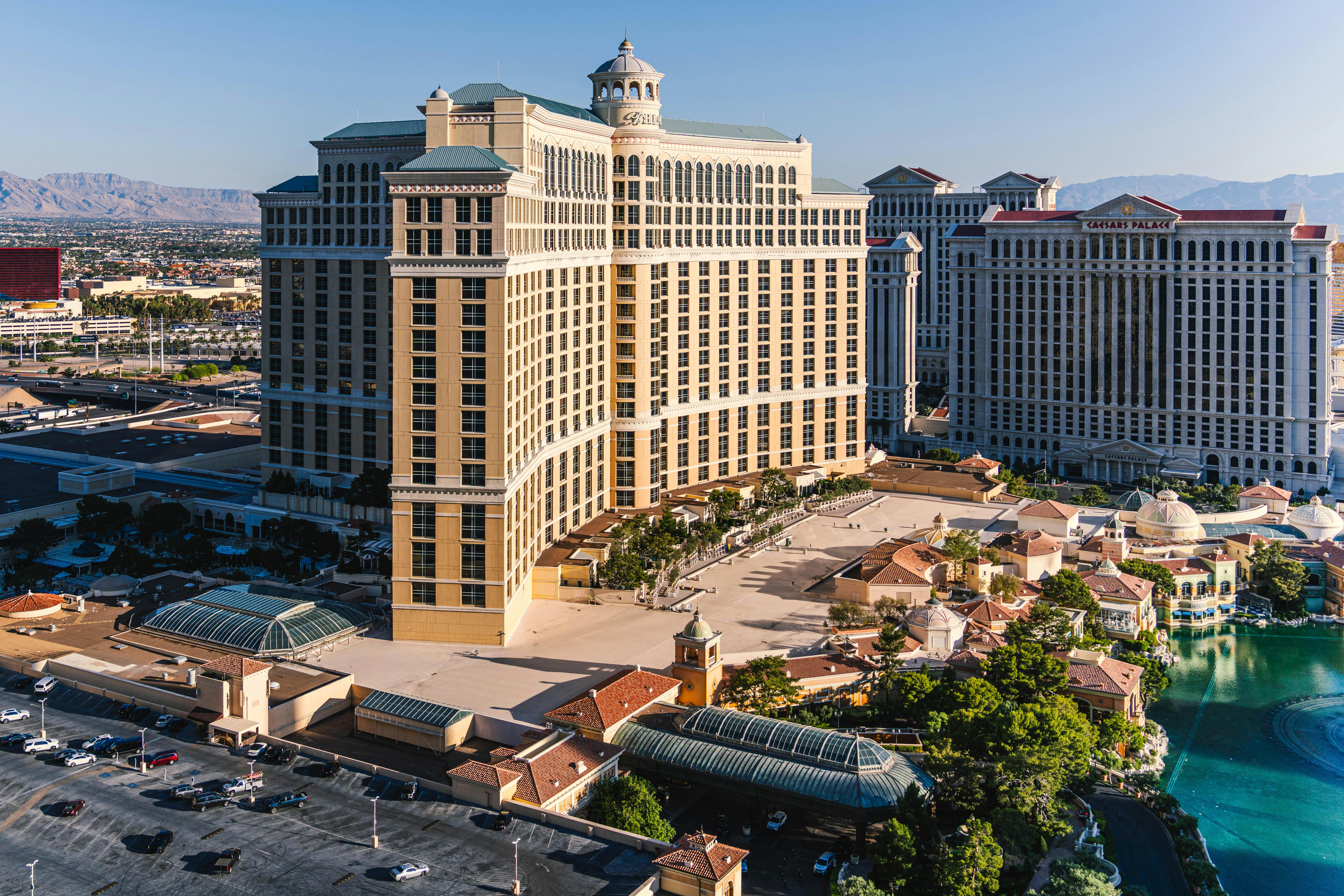 Stunning aerial view of the Bellagio Hotel and surrounding area on the Las Vegas Strip.