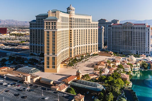 Stunning aerial view of the Bellagio Hotel and surrounding area on the Las Vegas Strip.