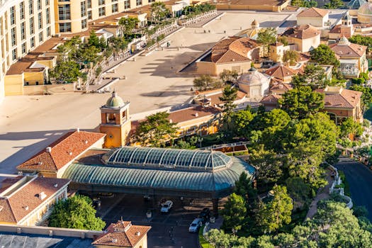 A detailed aerial view of the iconic Bellagio Hotel complex in Las Vegas.