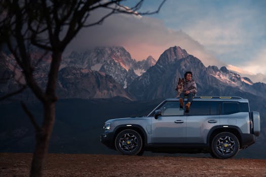 Adventure scene with person and dog on SUV against mountain twilight backdrop.