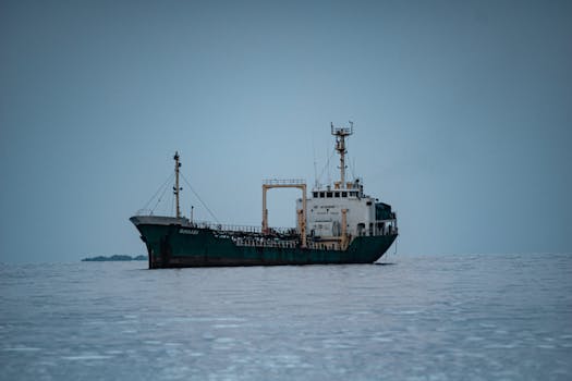 A cargo ship named Gualjan anchored on a calm sea under overcast skies.