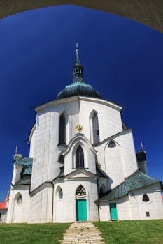 Stunning view of the Baroque-style pilgrimage church with green domes against a clear blue sky.