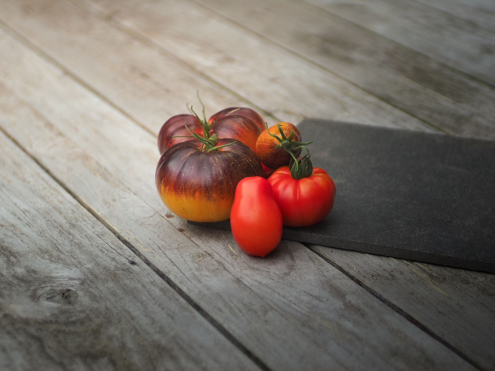 Vibrant heirloom and cherry tomatoes displayed on a rustic wooden surface outdoors.