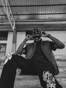 Black and white portrait of a fashionable man in urban streetwear adjusting sunglasses.