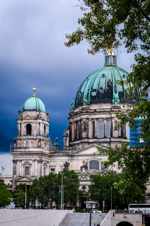 Free Beautiful view of Berlin Cathedral showing its architecture against a dramatic sky. Stock Photo