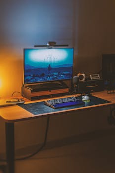 A stylish gaming desk setup featuring ambient lighting, RGB peripherals, and a modern aesthetic.