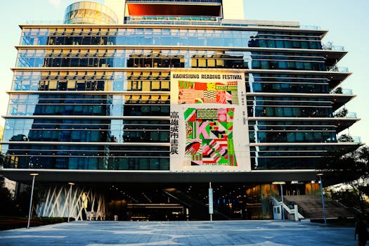 Front view of a modern building in Kaohsiung hosting the Reading Festival with vibrant urban architecture.