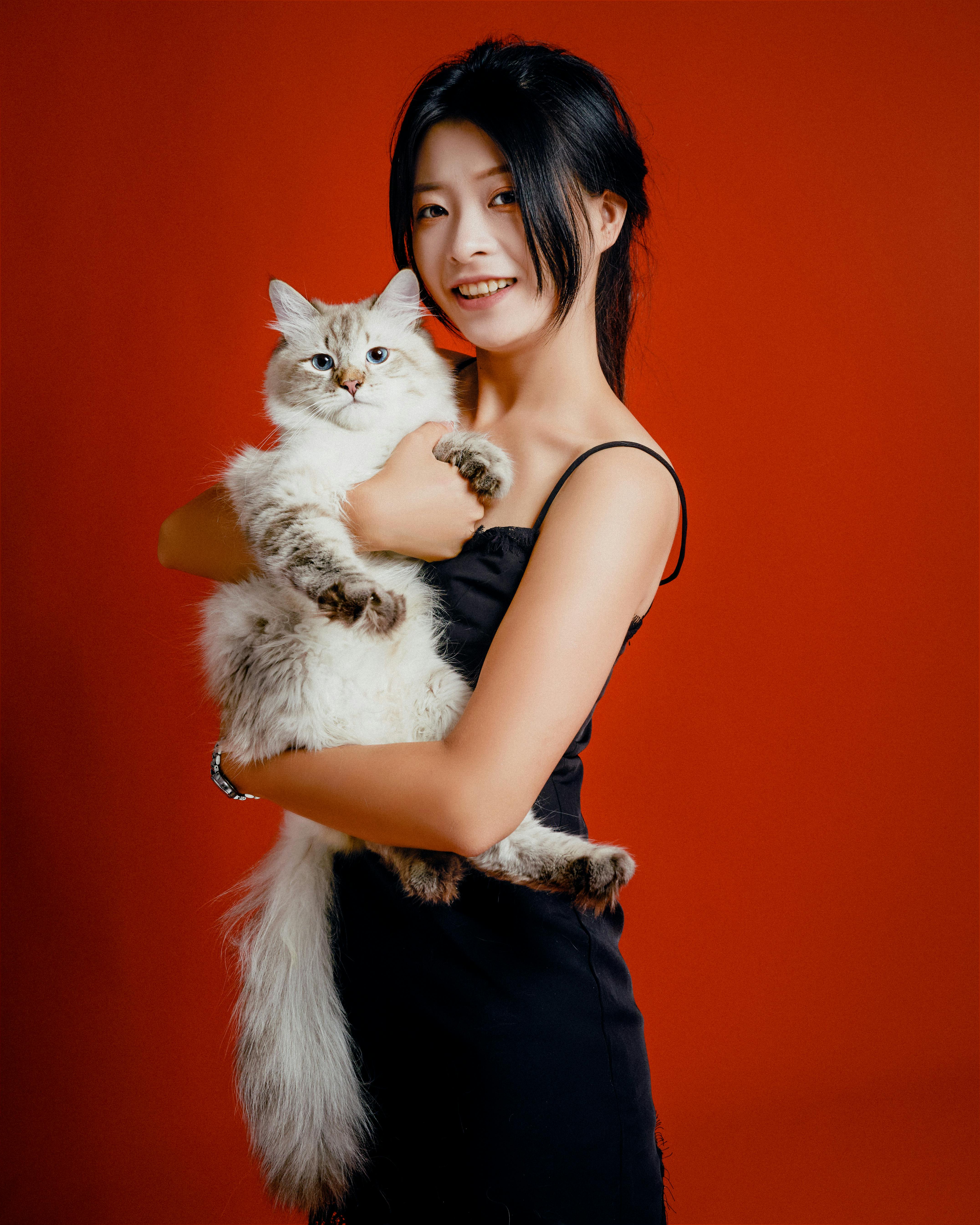 Smiling woman in black dress holding a Norwegian Forest cat against red background.