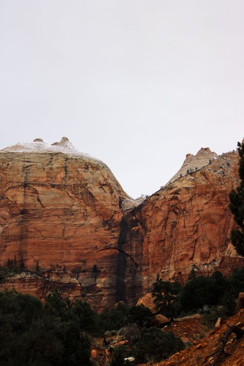 Free Stunning view of towering cliffs in Zion National Park under a cloudy sky. Stock Photo