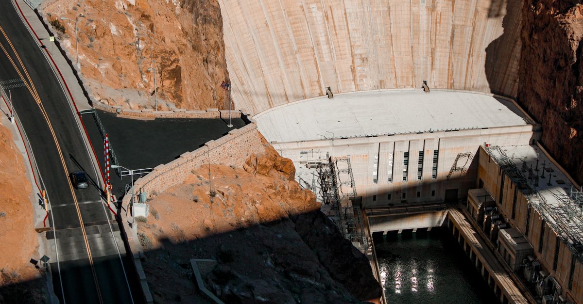Stunning aerial perspective of the iconic Hoover Dam located on the border of Arizona and Nevada.