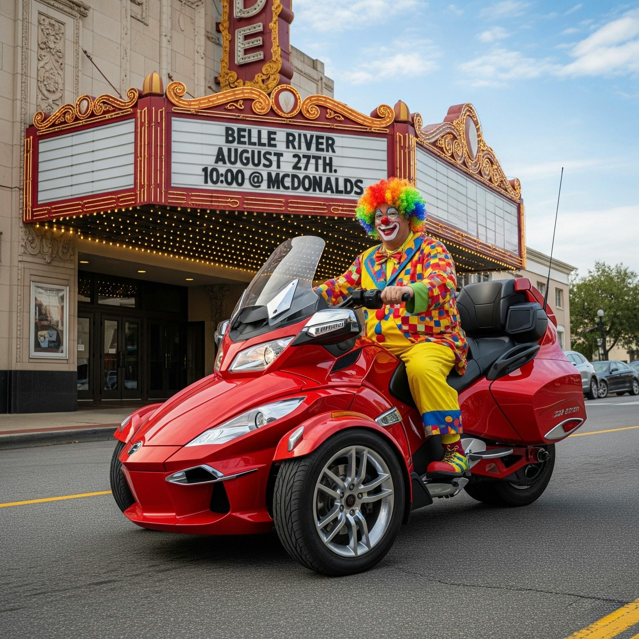 Free A clown on a red trike entertains in front of a theater marquee in the city. Stock Photo