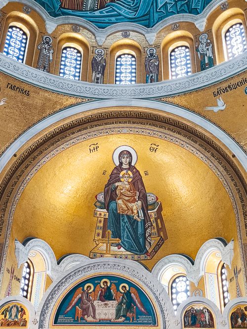 Free Intricate Byzantine mosaic depicting religious art inside a church. Stock Photo