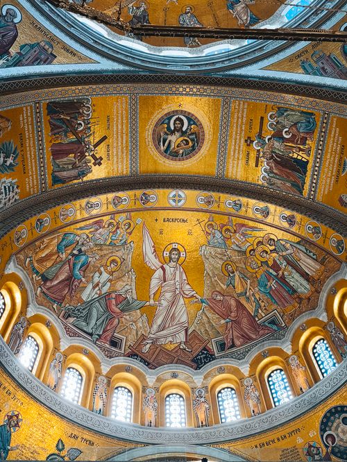 Free Intricate mosaic artwork depicting religious scenes on a Byzantine church ceiling. Stock Photo