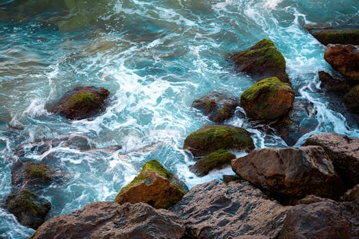 Vibrant ocean waves crash against moss-covered rocks in a dynamic seaside scene.