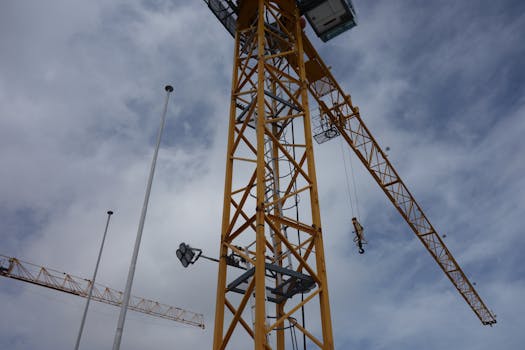 A towering construction crane set against a backdrop of a cloudy sky.